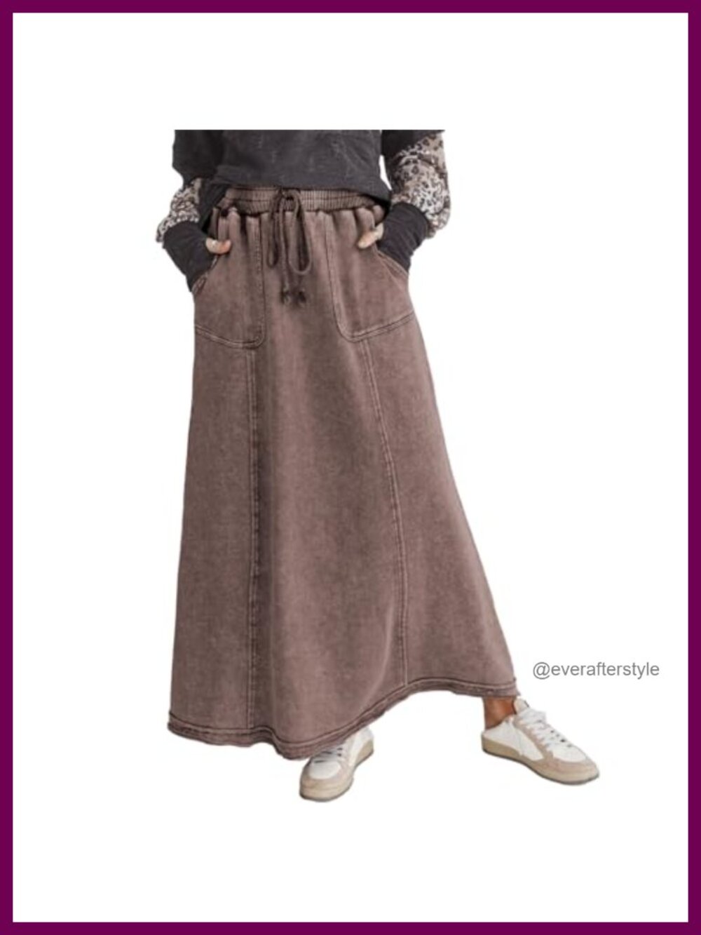 High Waist Maxi Skirt Acid Wash A-Line Flowy with Pockets